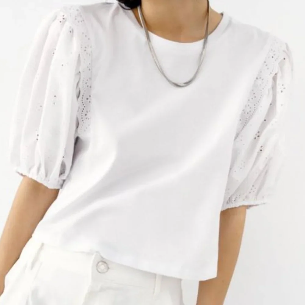 ZARA White Cotton Eyelet Puff Sleeve Contrast Boho Blouse